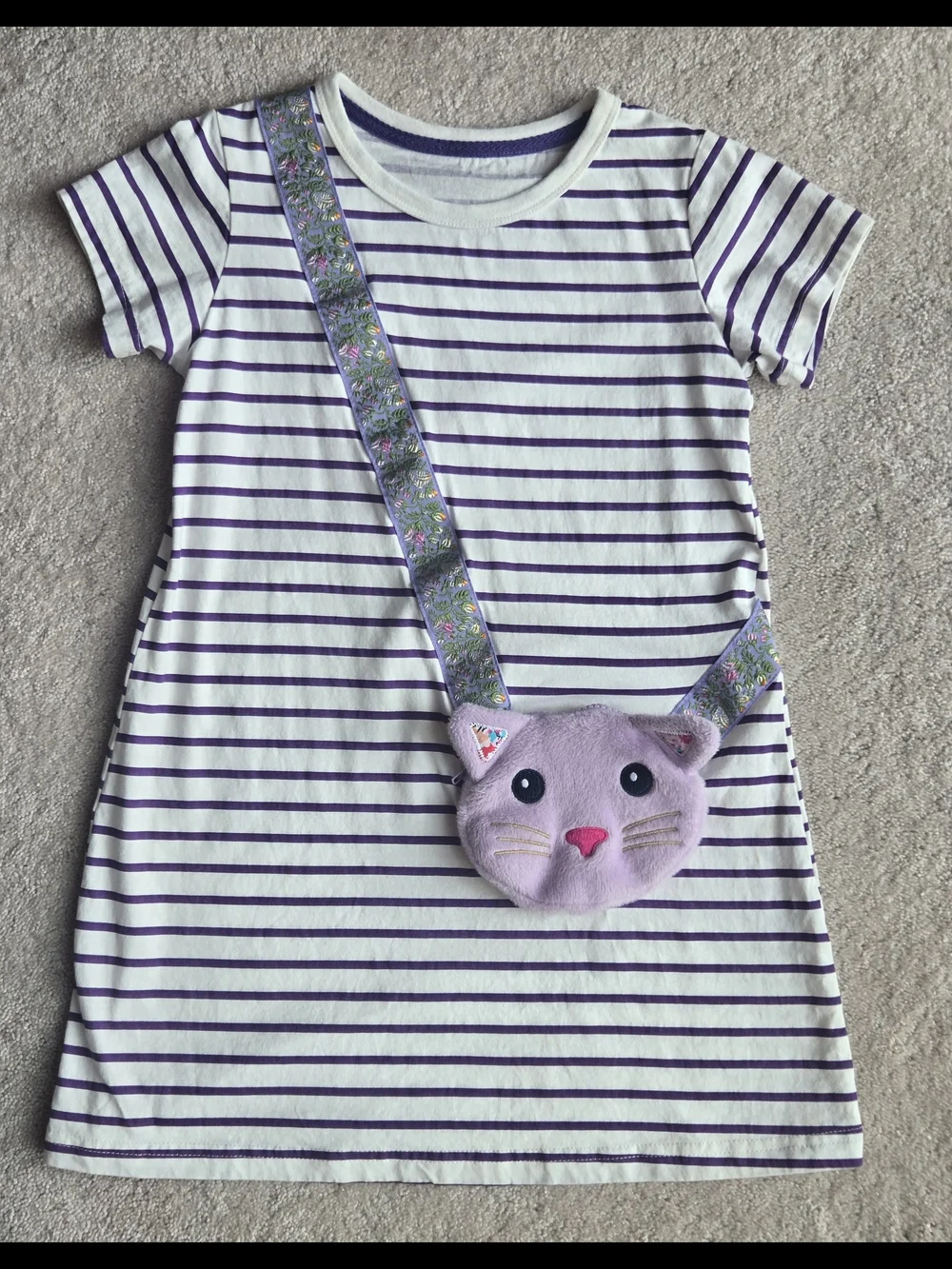 Girls Purple Striped Tee Dress with Lilac Cat Crossbody